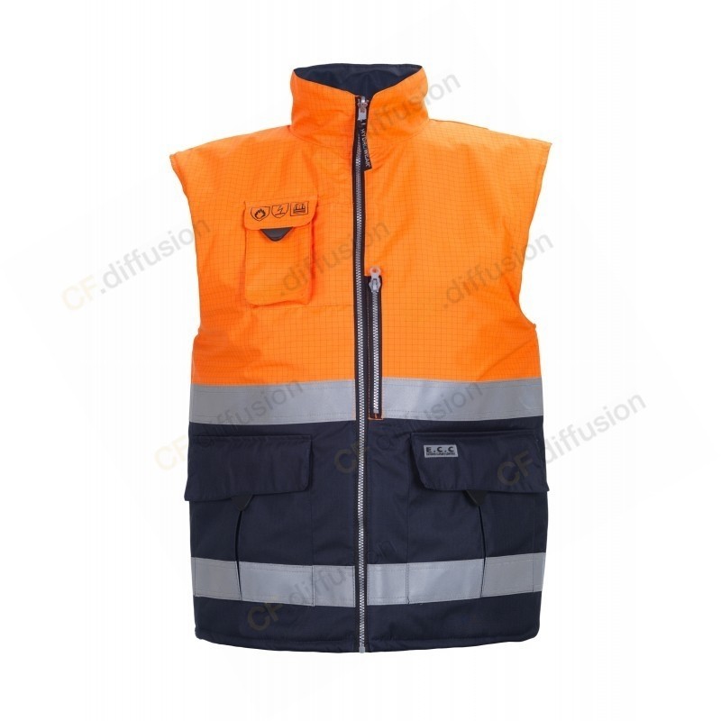 Gilet ATEX, haute visibilité Hydrowear METZ Orange / Marine. Vu de face