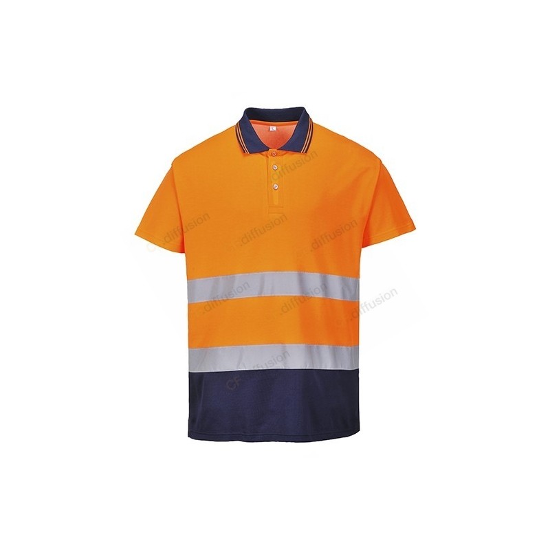 Polo Portwest S174 Haute visibilité Orange fluo / Marine. Vu de face