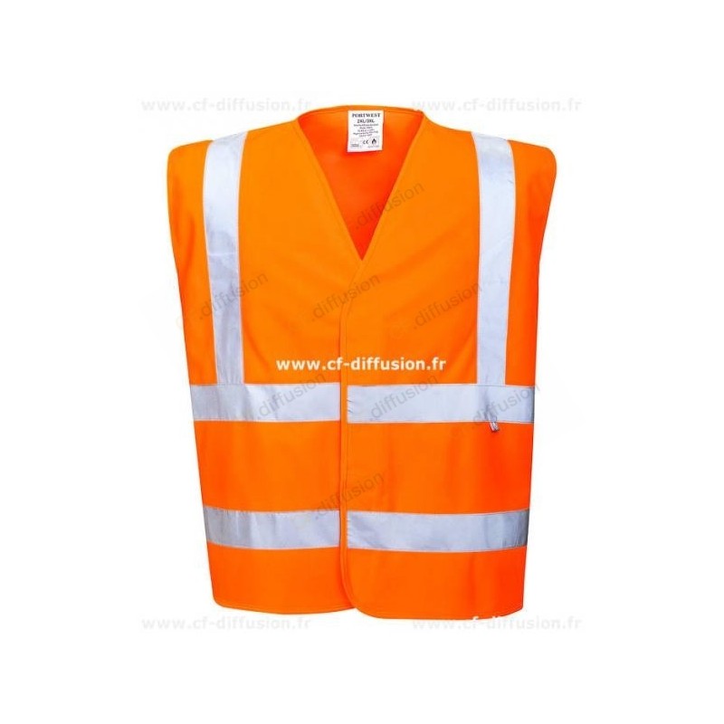 Gilet signalisation Retardeur flammes EN14116  EN471 Class. 2 Orange. Vu de face