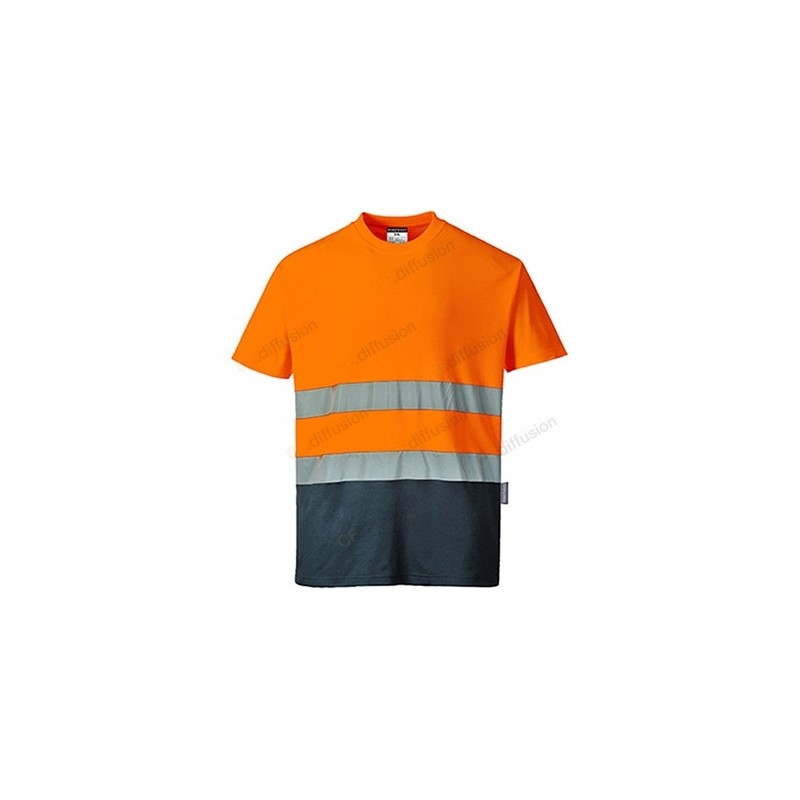 T-shirt Portwest S378 bicolore Haute Visibilité Orange fluo/Marine. Vu de face