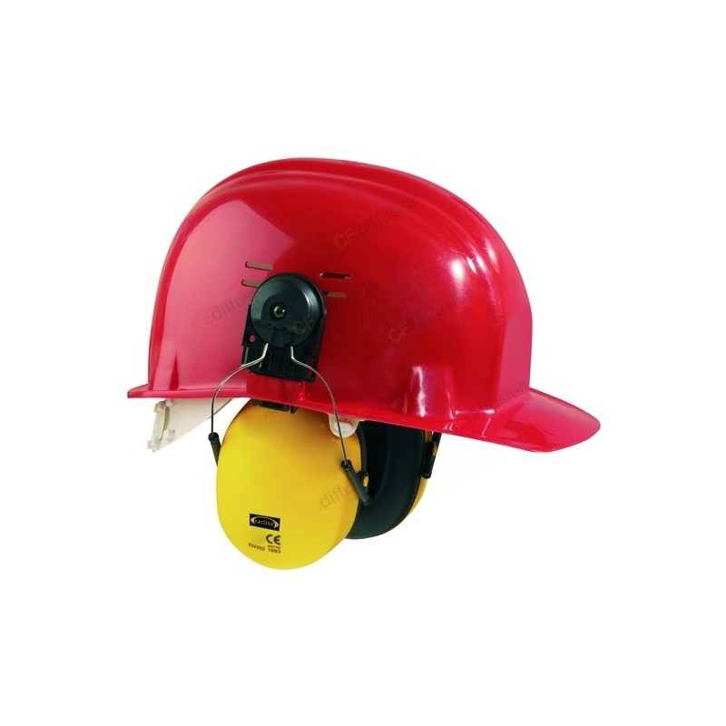 Coques anti-bruit + Adaptateur casque de chantier COVERGUARD MO60750 Jaune. Vu de côté