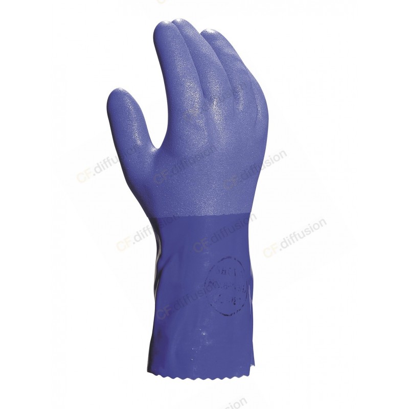 Gants protection chimiques en coton/jersey longueur 30 cm SHOWA - 660 Bleu. Vu dos de la main