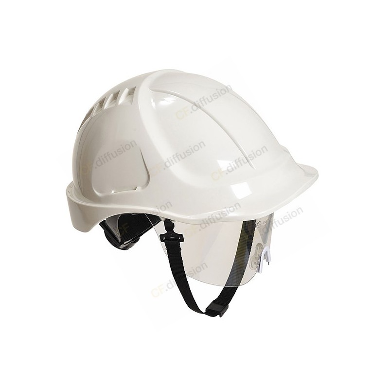 Casque à visière avec lunette rétractable PORTWEST PW54 Blanc. Vu de profil
