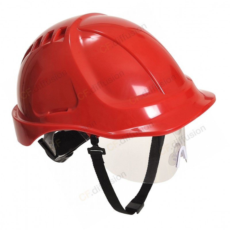 Casque à visière avec lunette rétractable PORTWEST PW54 Rouge. Vu de profil