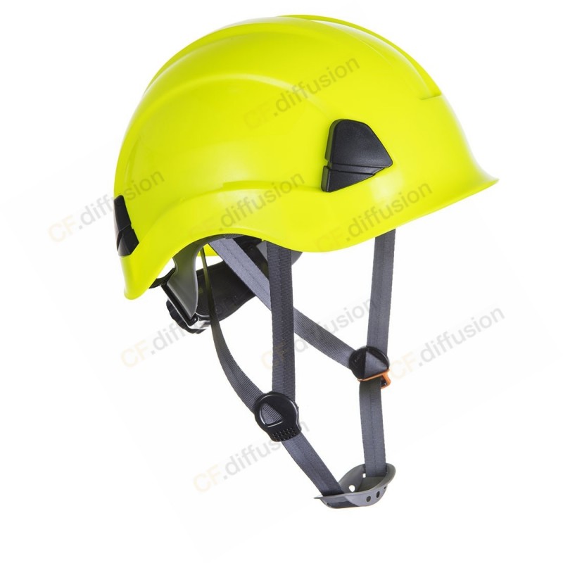 Casque de sécurité monteur avec jugulaire 4 points PORTWEST PS53 Jaune. Vu de profil