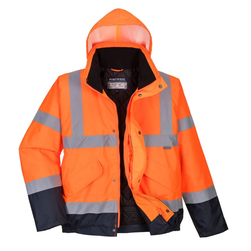 Blouson Portwest S266 HV Bicolore Haute Visibilité Orange Fluo/Marine. Vu de face