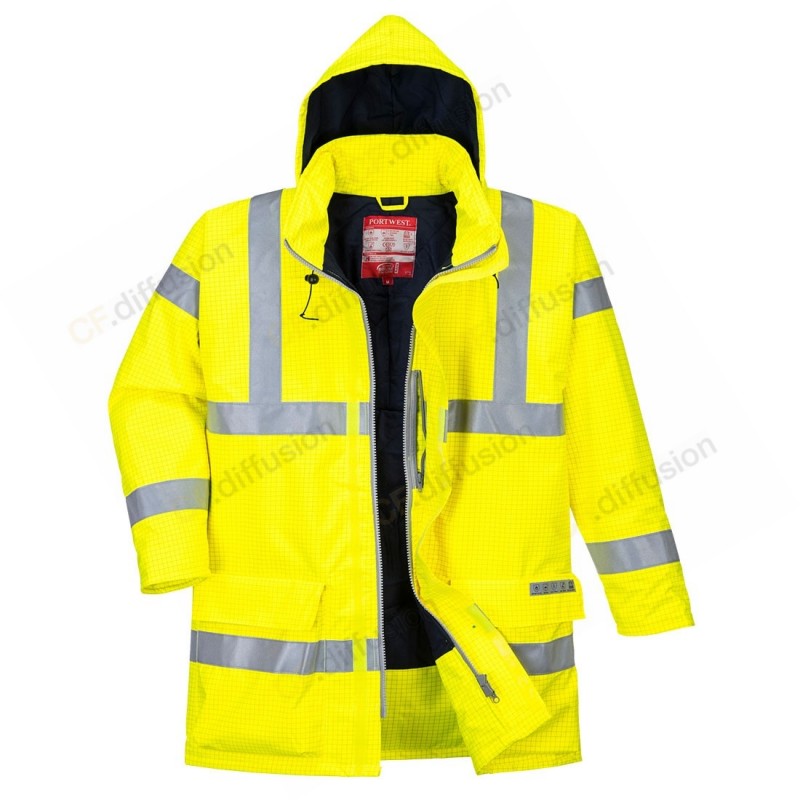 Parka Portwest S778 anti flamme, antistatique, haute visibilité, imperméable Jaune fluo. Vu de face