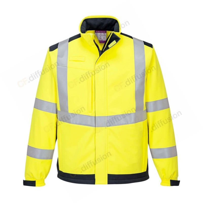 Veste Softshell Modaflame multi norme arc électrique Portwest MV72 Jaune fluo/Marine. Vu de face