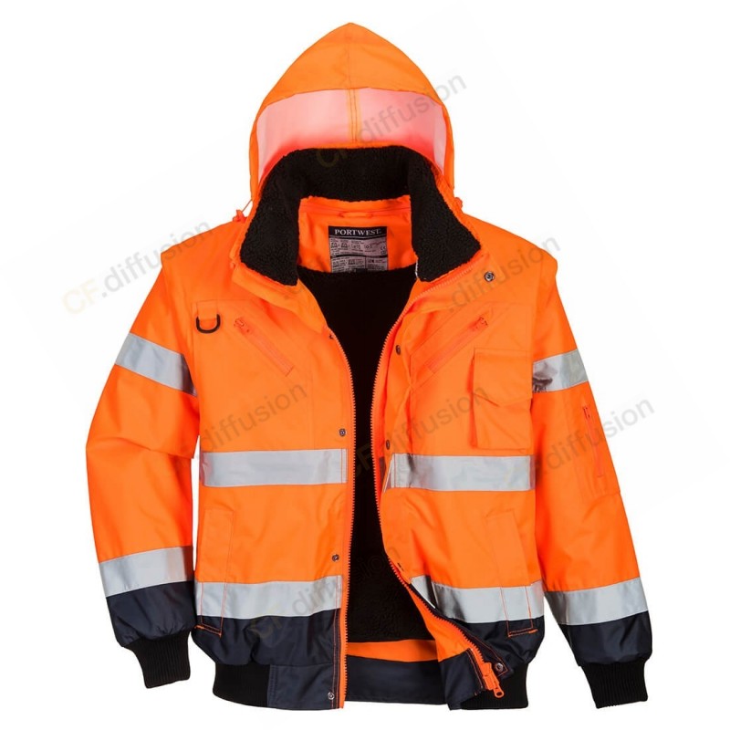 Blouson Haute Visibilité Portwest C465 Orange fluo / Marine. Vu de face