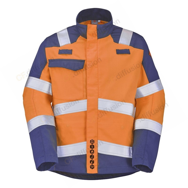 Veste HV ATEX ABRA + Risque Chimique porte détecteur Orange fluo/Marine. Vu de face