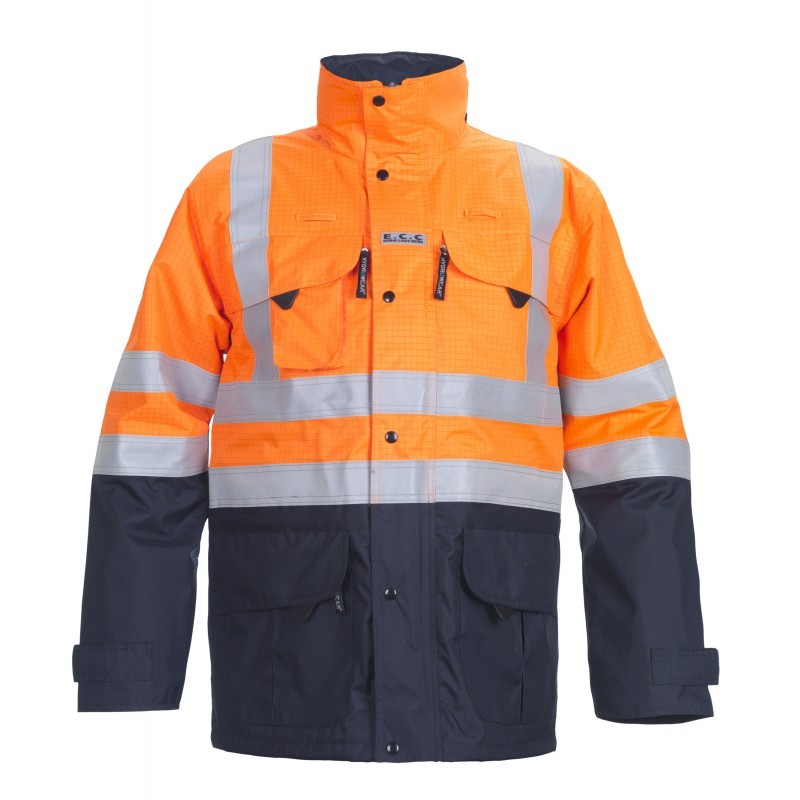 Parka multirisques + haute visibilité + imperméabilité P2L MIRAMAS Orange fluo / Marine. Vu de face