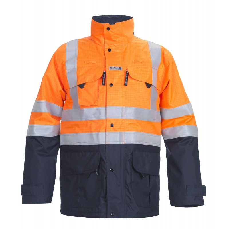 Parka multirisques P2L MIRAMAS Orange fluo / Marine. Vu de face