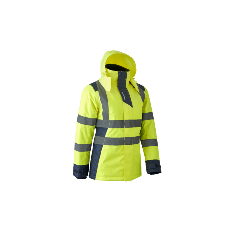 Parka femme, imperméable, haute visibilité, protège froid Coverguard 5HOR160 Jaune / Marine. Vu de face