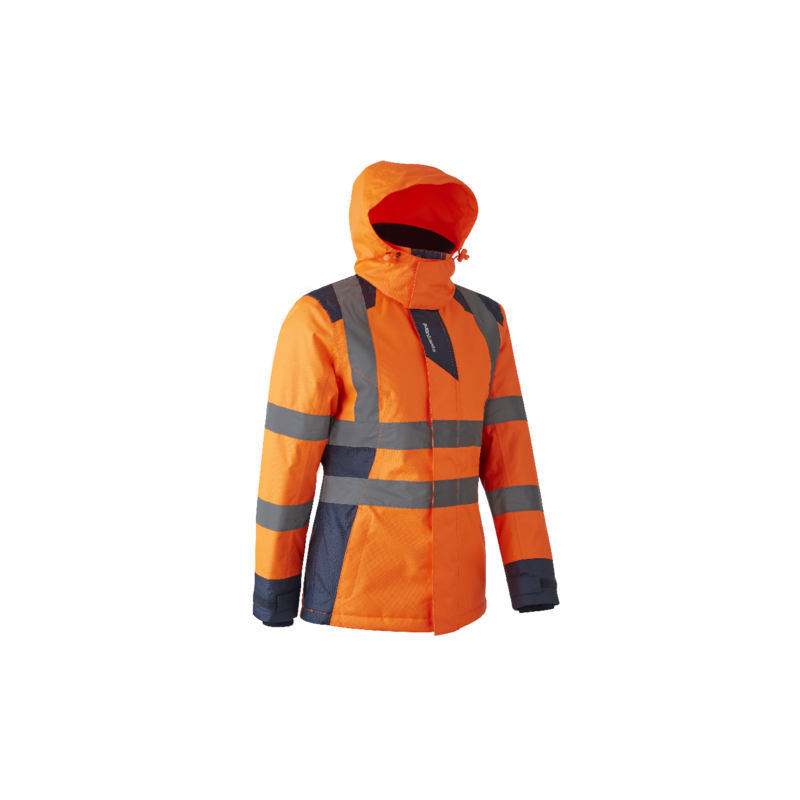 Parka femme, imperméable, haute visibilité, protège froid Coverguard 5HOR160 Orange fluo / Marine. Vu de face