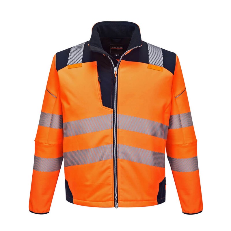 Veste softshell Portwest T402 Haute visibilité, imperméable Orange fluo / Noir. Vu de face