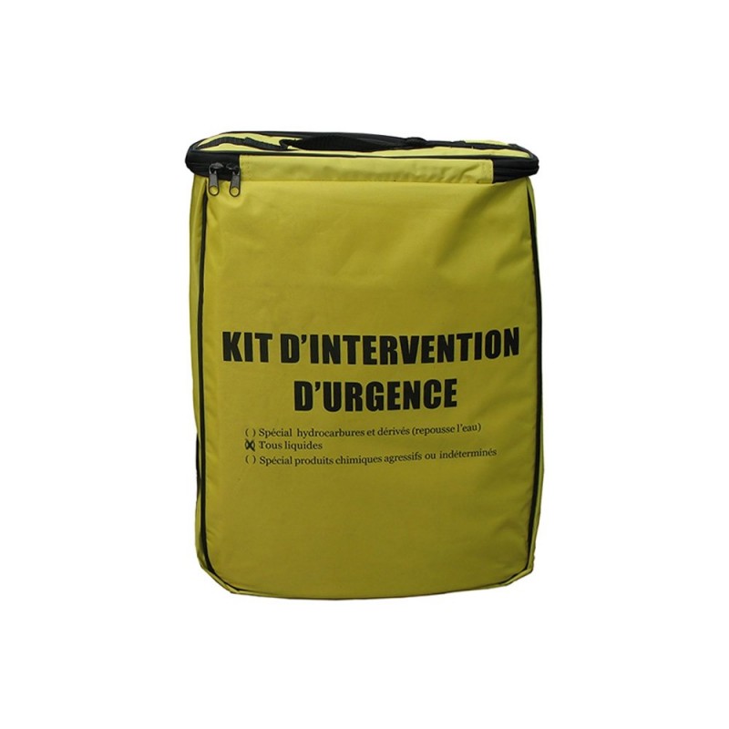 Kit ADR absorbant d'intervention urgence produits liquides et chimiques 14L. Vu de face