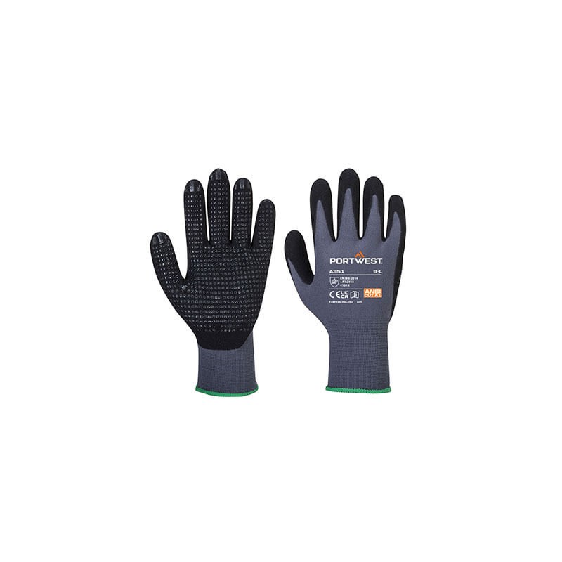 Gants avec picots dans la paume Portwest A351 gris/Noir. Vu de face et de dos