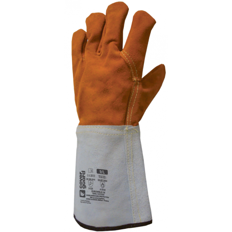 Gants de soudeur anti-feu Coverguard 1WEL25 Orange/Gris. Vu de face