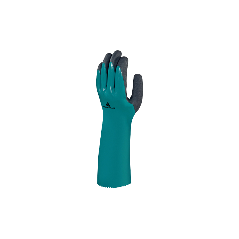 Gants chimiques en nitrile protection contre les hydrocarbures DELTA PLUS - VV835 Vert. Vu dos de la main