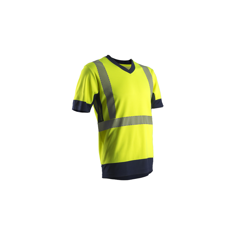 Tee-shirt Haute visibilité respirant "KOMO" 50% Coton- bandes segmentées coloris Jaune Fluo. Vu de profil