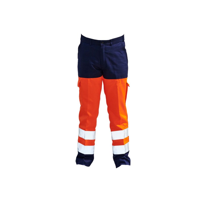 Pantalon Haute Visibilité EN ISO 20471 Classe 2 Orange fluo/Marine. Vu de face