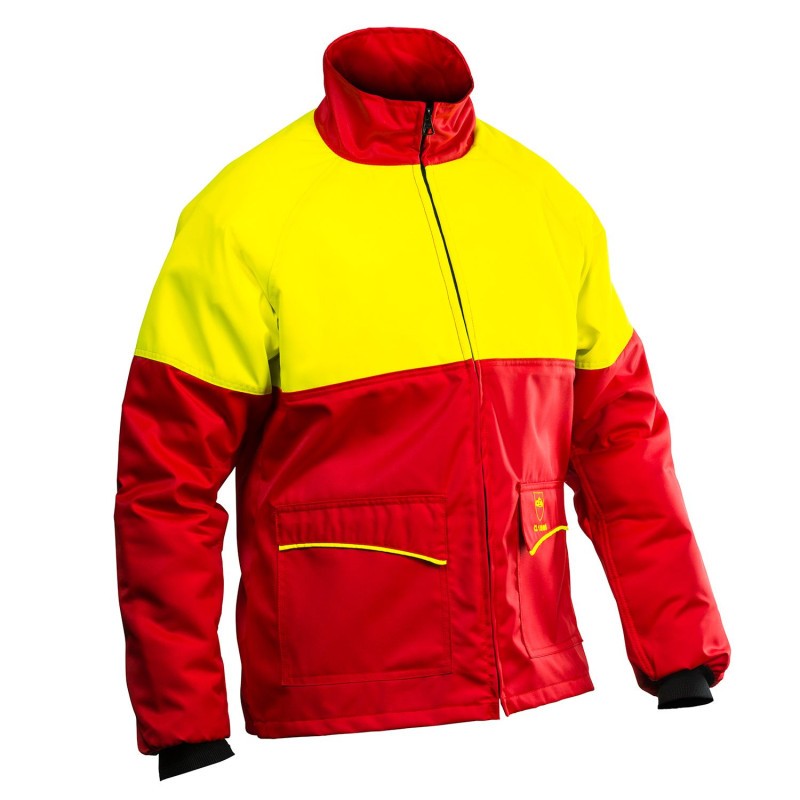 Veste pour utilisateur de scie à chaine Rouge/Jaune. Vu de face