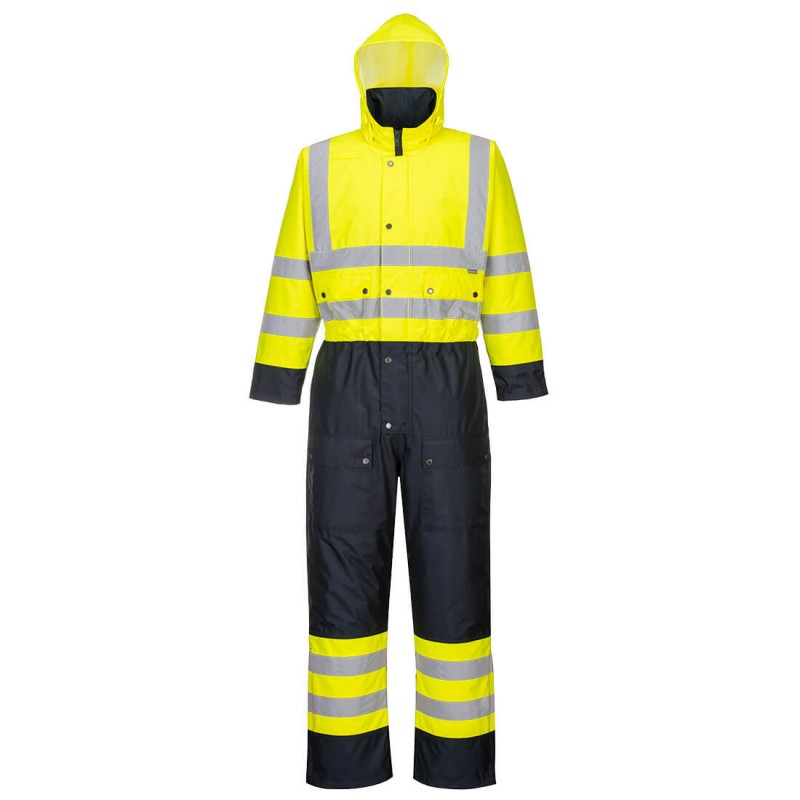 Combinaison haute visibilité et imperméable Portwest S485 matelassée Jaune fluo/marine. Vu de face