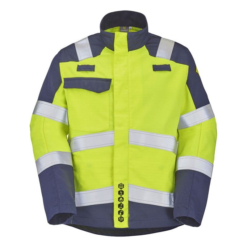 Veste multinormes, haute visibilité, ATEX, CEPOVETT 9D72-8496 Jaune fluo / Marine. Vu de face