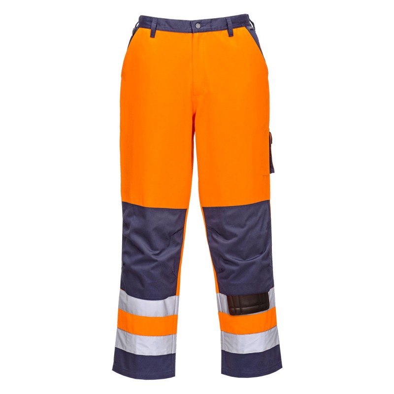 Pantalon Haute visibilité Portwest TX51 Orange fluo / Marine. Vu de face