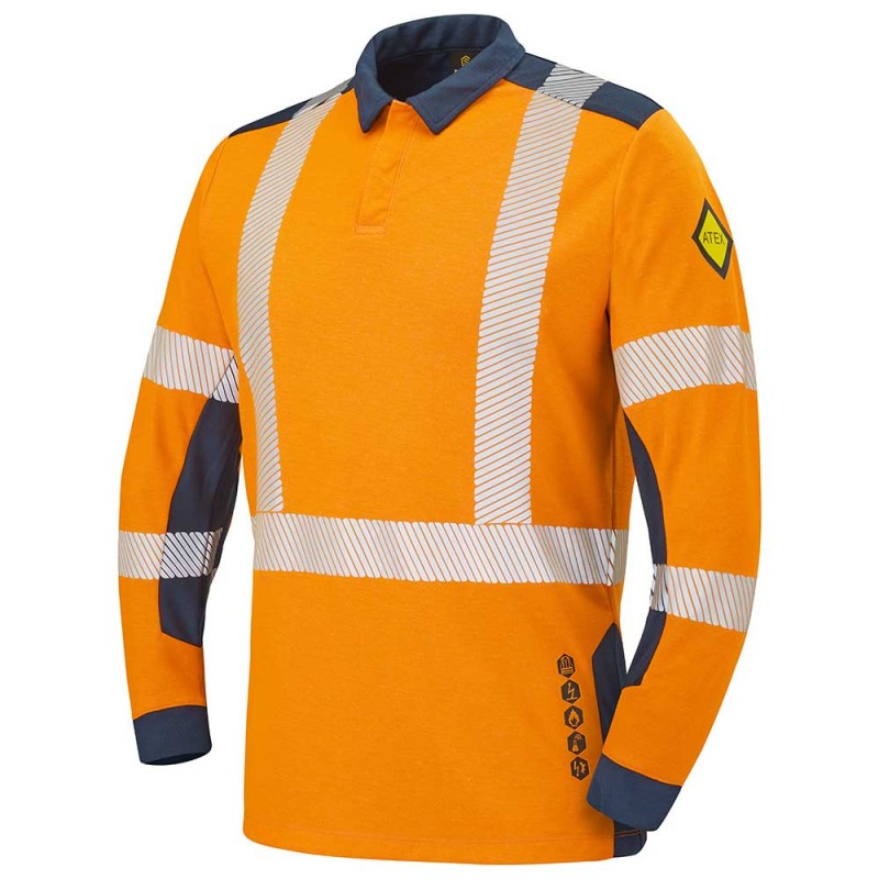 Polo manches longues multirisques et haute visibilité CEPOVETT 9T82-9162 Orange fluo/marine. Vu de face