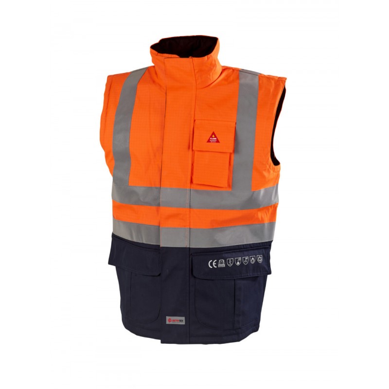 Bodywarmer sans manches haute visibilité P2L - VERONA Orange fluo/marine. Vu de face