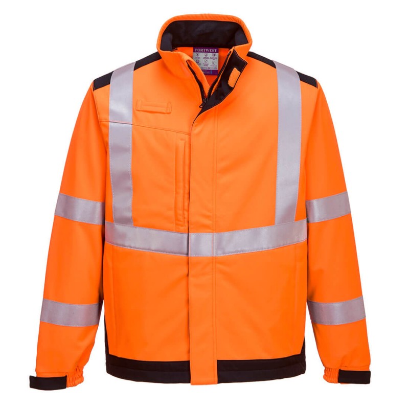 Softshell haute visibilité et multirisques PORTWEST MV72 Orange fluo/marine. Vu de face