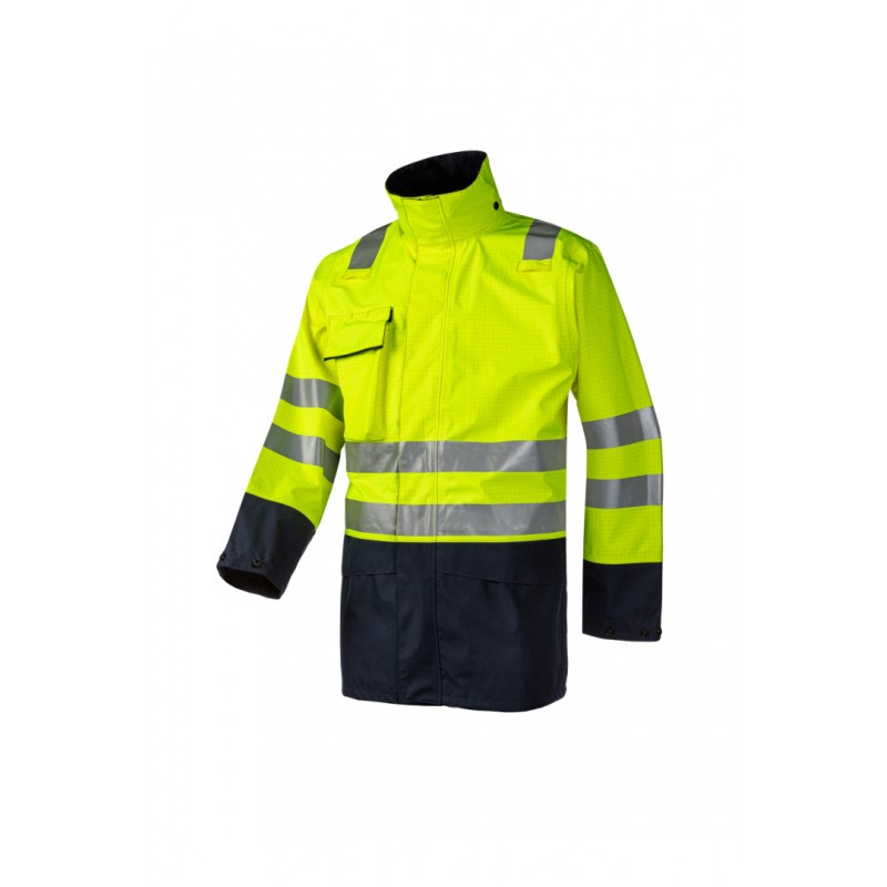 Parka de pluie haute visibilité et Atex SIOEN - KALDVIK Jaune fluo/marine. Vu de profil