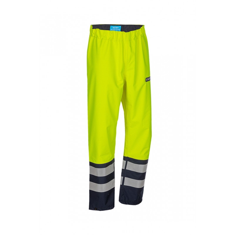 Pantalon de pluie haute visibilité et Atex SIOEN - HOVI Jaune fluo/marine. Vu de profil