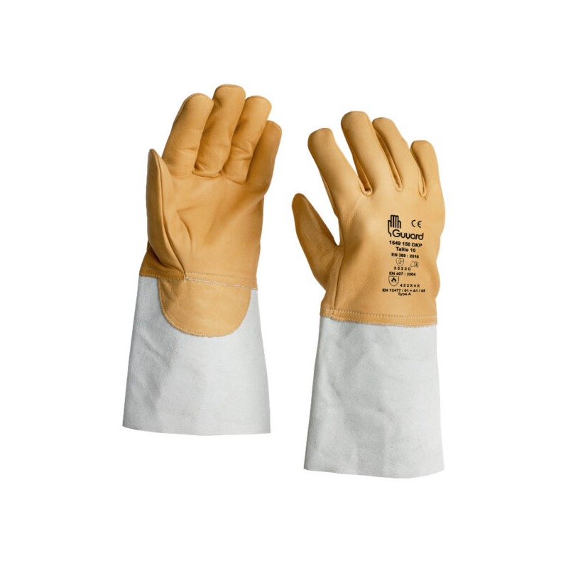 Gants de soudeur en cuir qui protègent contre les risques thermiques GUYARD - 1549/150 DPK Beige. Vu dos et paume de la main