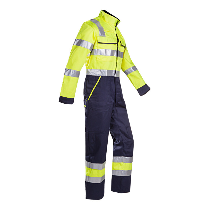 Combinaison 1 zip multirisques et haute visibilité SIOEN - MACAS Jaune fluo/marine. Vu de face