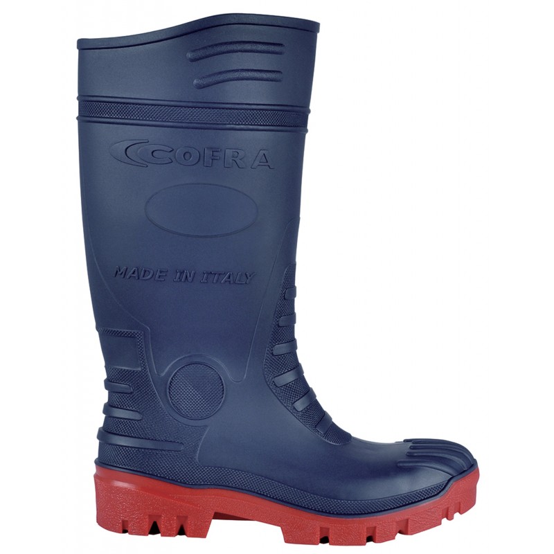 Demi-Bottes en PVC Nitrile normé S5 SRC modèle "TYPHOON" de marque cofra coloris bleu & rouge vue de profil