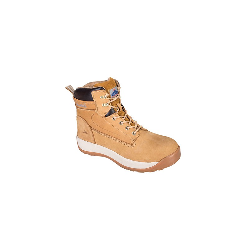 Chaussure de sécurité haute en cuir nubuck étanche, S3 HRO, Portwest FW32 Miel. Vu de profil