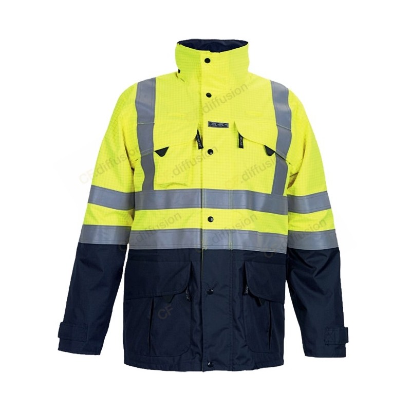 Parka multirisques P2L MIRAMAS Jaune fluo / Marine. Vu de face