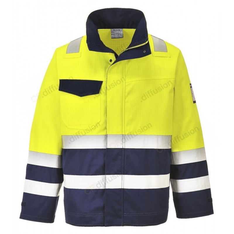 Blouson Portwest MV25 HI-VIS Modaflame, haute visibilité Jaune/Marine. Vu de face