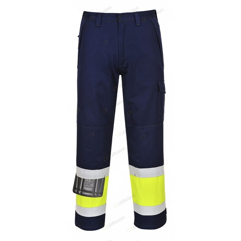 Pantalon Portwest MV26 Modaflame haute visibilité antistatique Jaune fluo, Marine. Vu de dos
