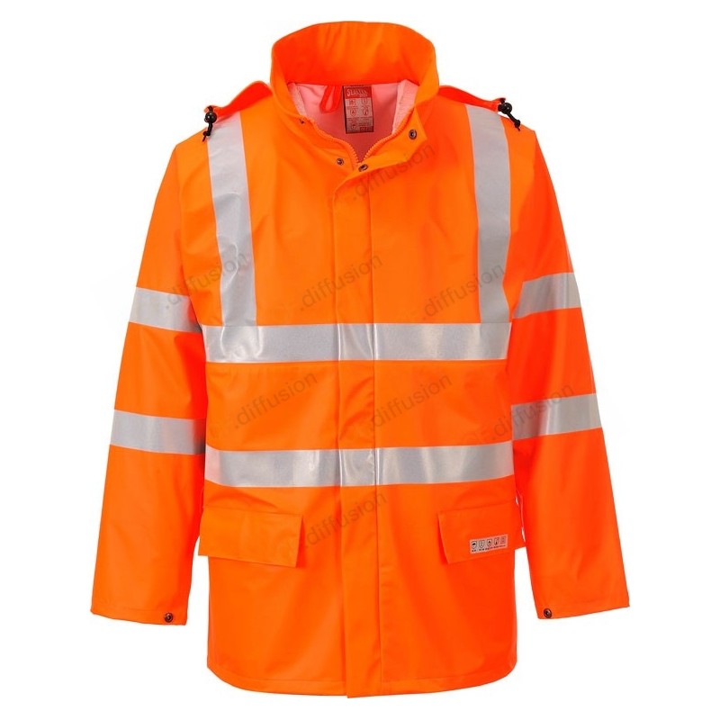 Veste de pluie Portwest FR41 Haute visibilité, résistant aux flammes orange fluo. vu de face