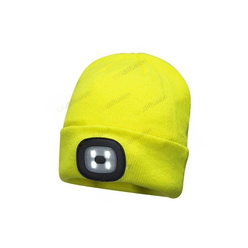 Bonnet chaud avec lumière LED PORTWEST B029 Jaune. Vu bonnet