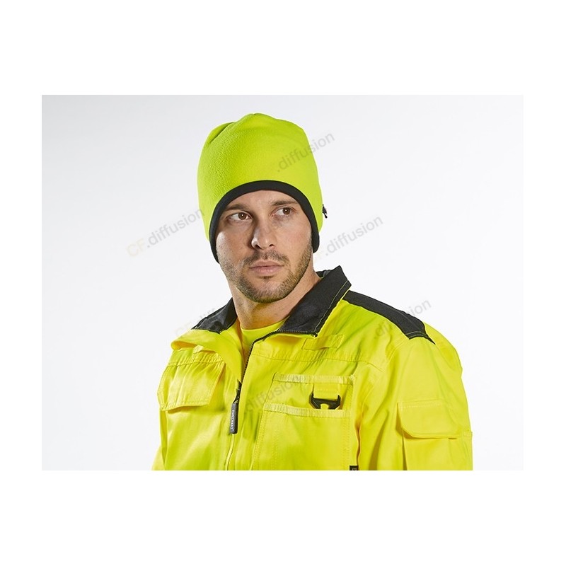Bonnet polaire réversible PORTWEST HA14 Jaune/noir. Vu de face